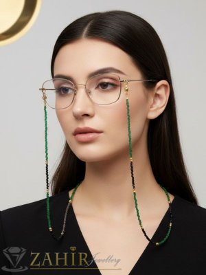   Стилна хендмейд верижка от фини фасетирани мъниста 2 мм в наситено зелено, класическо черно и лилаво, дълга 76 см - N1686